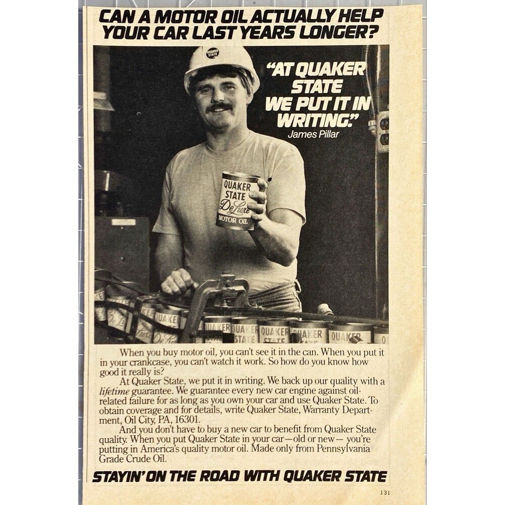 Quaker State DeLuxe Motor Oil "James Pillar: We put it in Writing" Print Ad 1982
